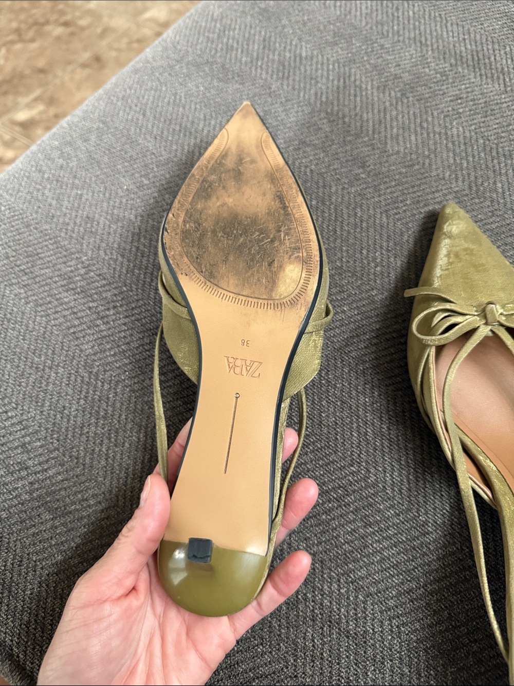 Zara Olive Green Velvet Pointed Toe Mules - Picture 5 of 9
